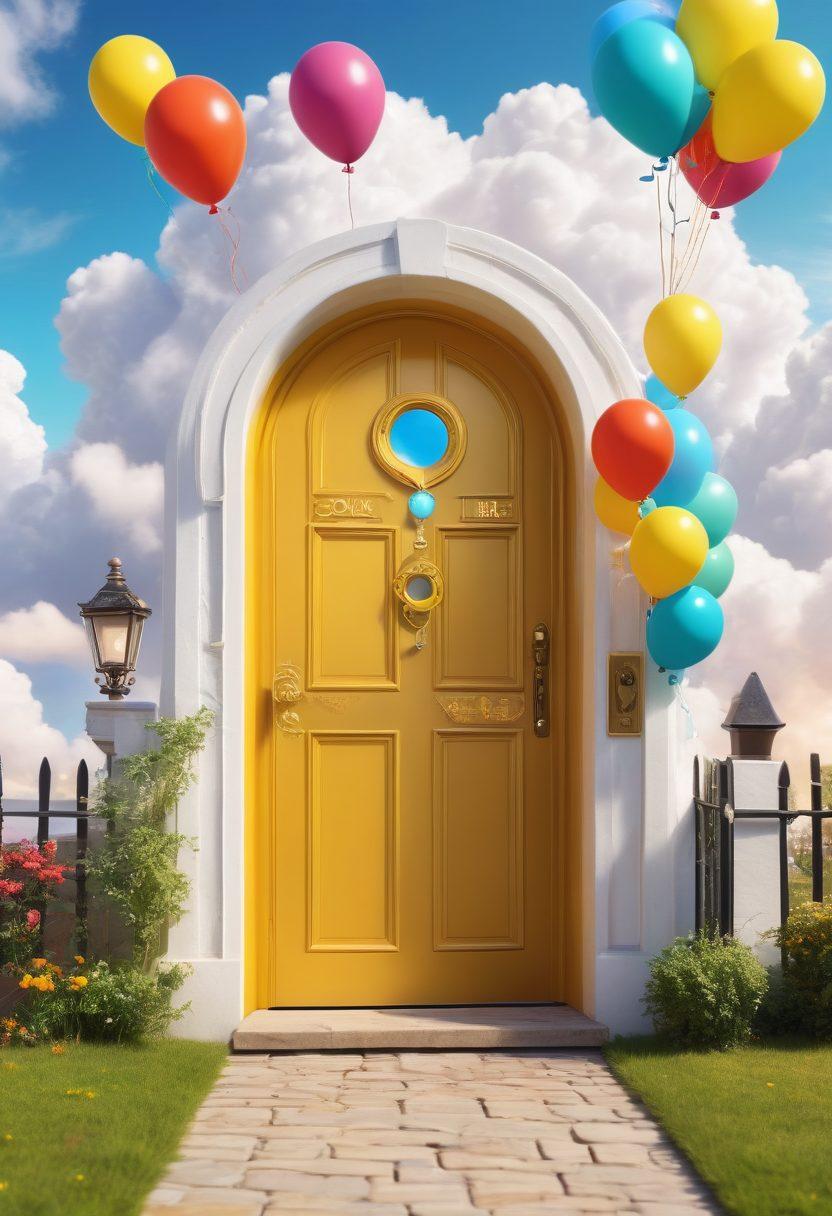 A whimsical landscape featuring a golden key unlocking a sparkling door labeled 'Premium Domains' amidst a bright, sunny sky filled with fluffy clouds. Surrounding the door are joyful characters celebrating with laptops and colorful balloons, symbolizing success and happiness in web ventures. Integrate elements of creativity and inspiration, like light bursts and playful doodles. vibrant colors. cartoon style.