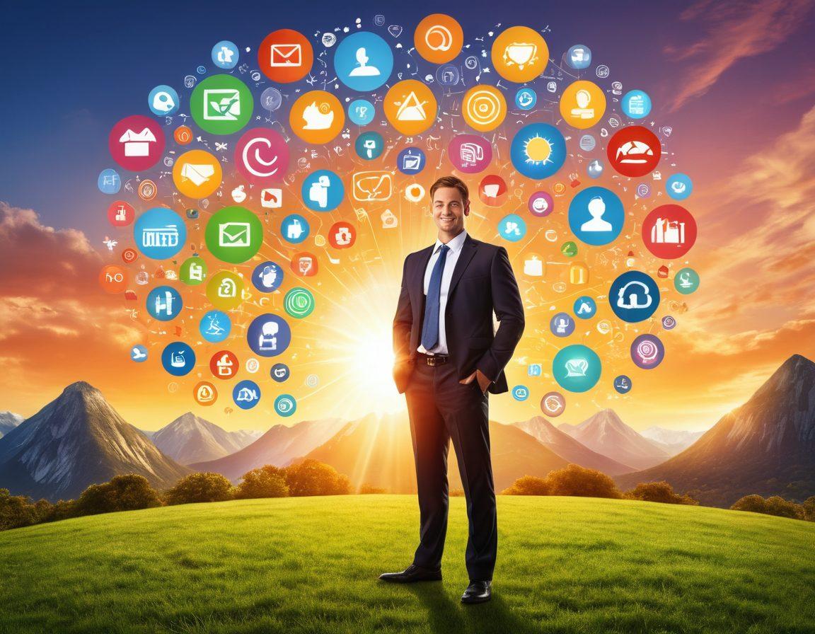 A confident businessperson stands at the center, surrounded by vibrant icons representing various online tools and strategies like graphs, email, and social media. In the background, a bright digital landscape with a sunrise symbolizing new opportunities and joy. The scene is infused with warm colors to evoke a sense of happiness and success. super-realistic. vibrant colors. dynamic composition.