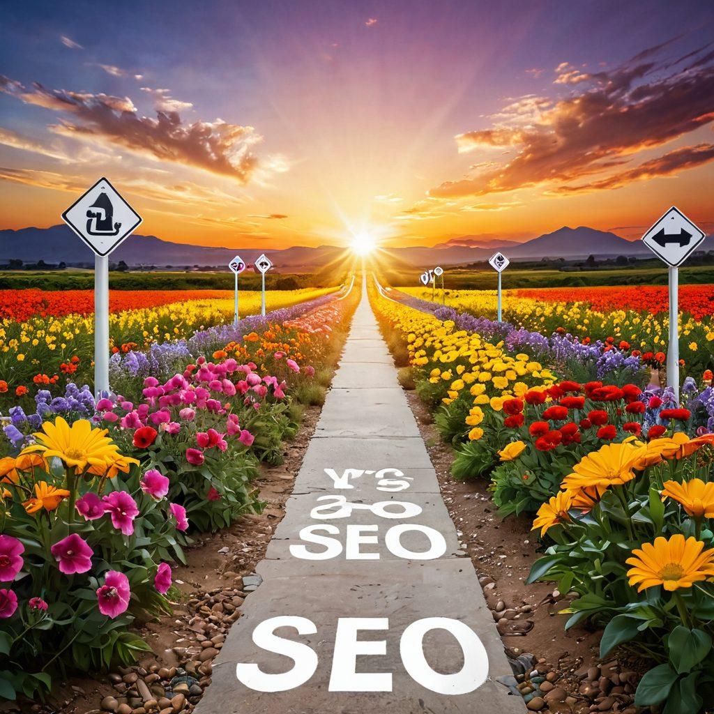 A captivating pathway leading towards a glowing digital horizon, lined with vibrant flowers symbolizing growth, and road signs labeled with 'SEO', 'Performance', and 'Traffic'. Above, a bright sun representing online success shines down, while joyful characters celebrate their achievements in the foreground. The overall atmosphere is energetic and optimistic, inviting readers to explore domain optimization. super-realistic. vibrant colors. white background.